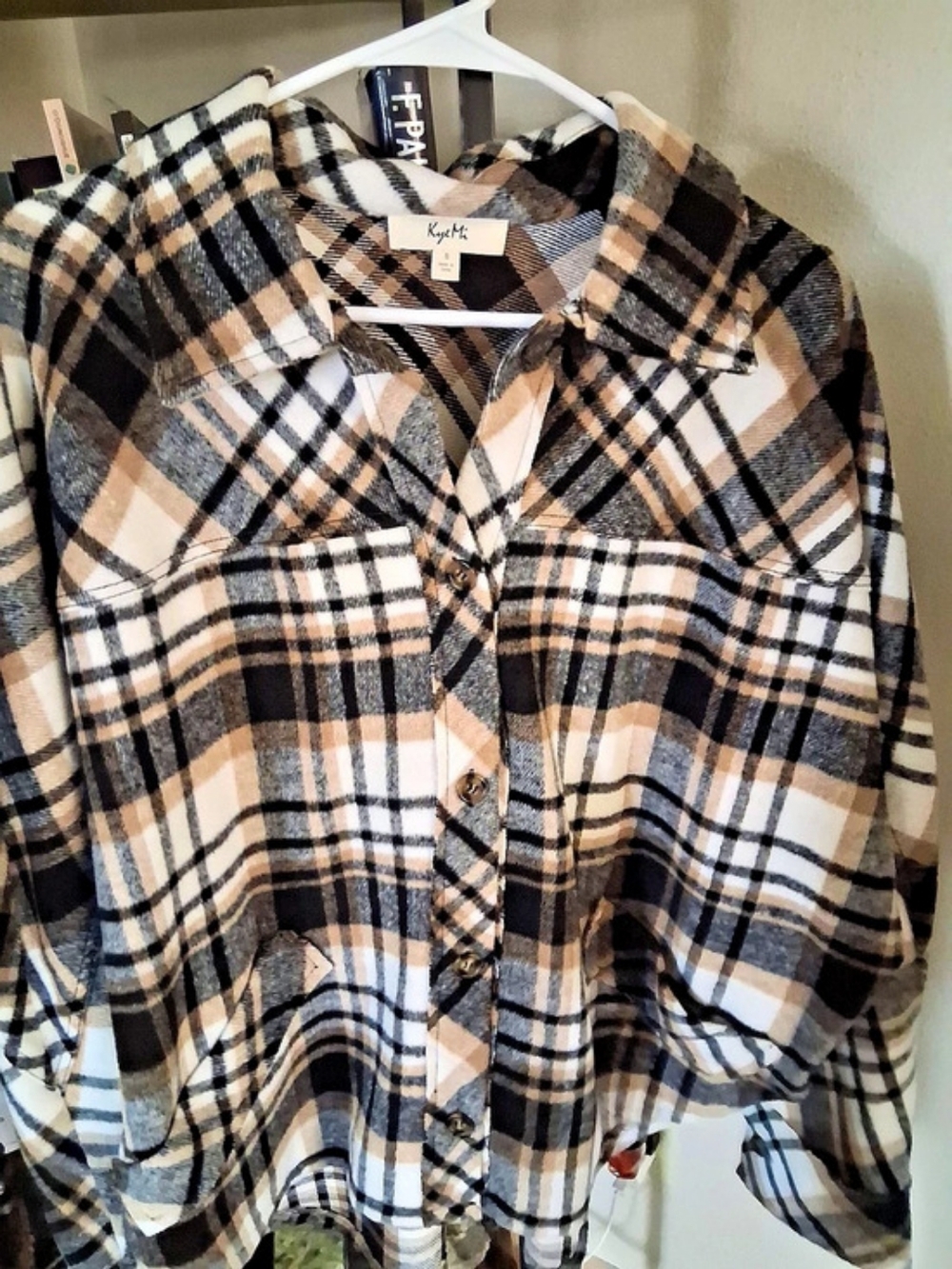 KyeMi Plaid Button Down Shacket in Brown & Black Size Small Like New